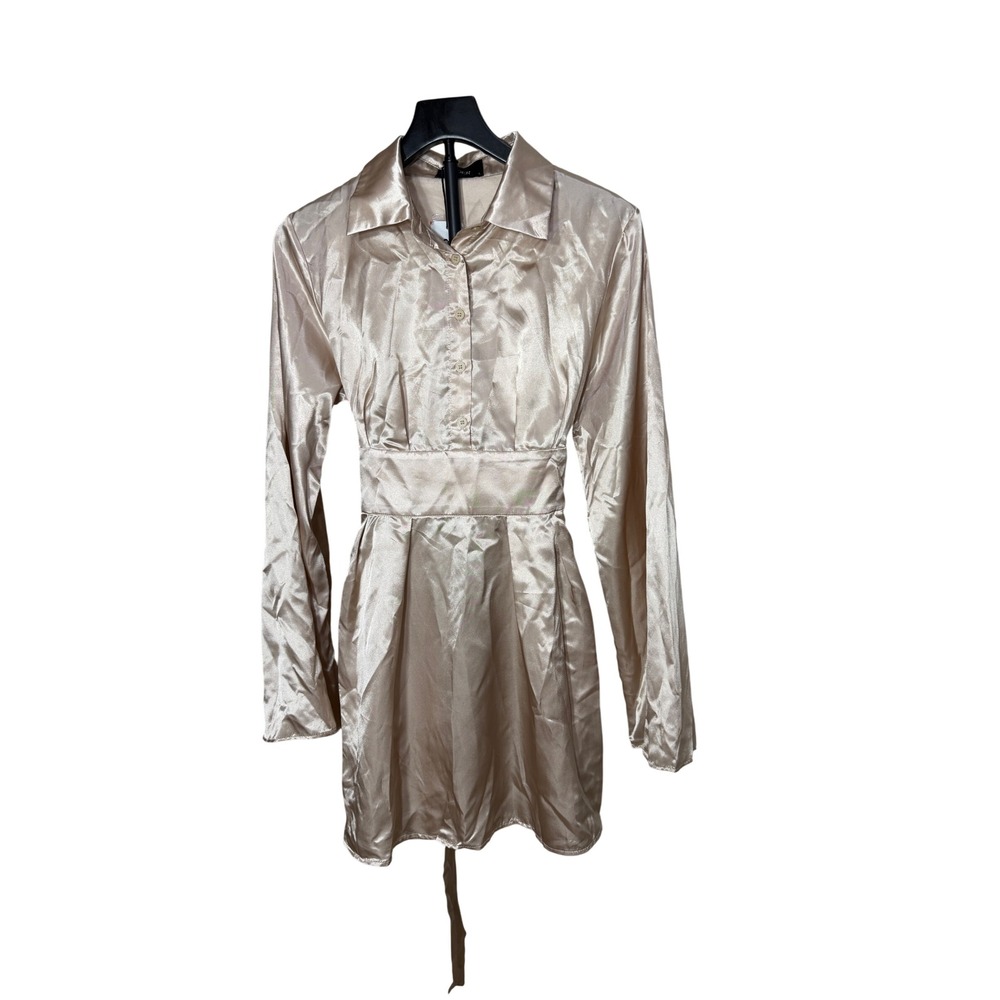 Cider Women Champagne Beige Satin Long Flared Sleeve Shirt Mini‎ Dress Size 
S